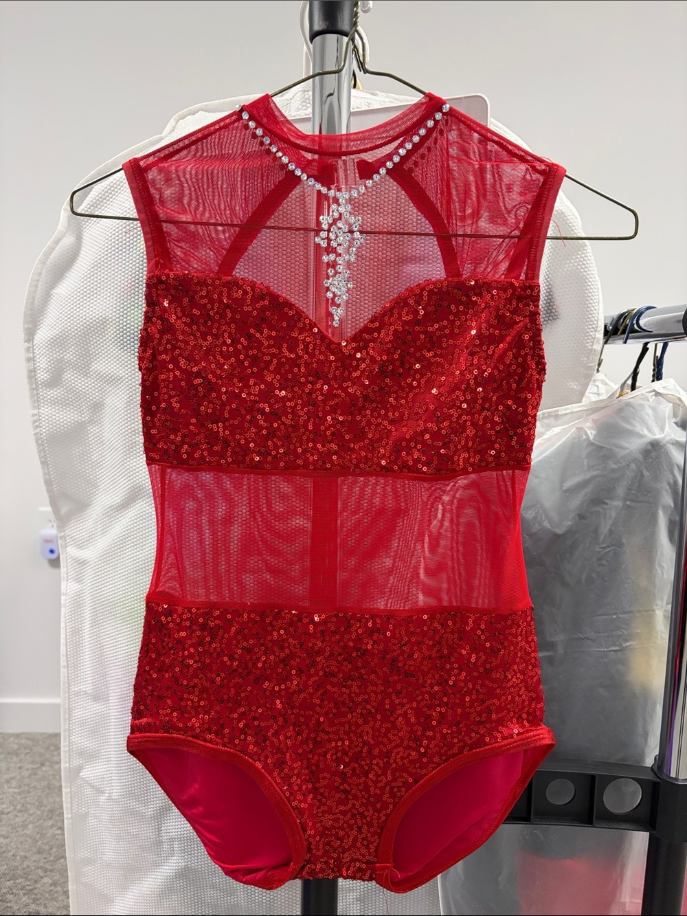 Ladies Red Sequin Dance Leotard with Mesh and Rhinestones